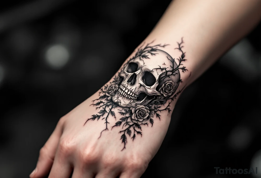 gothic skull intertwined with climbing roses and thorny vines tattoo idea