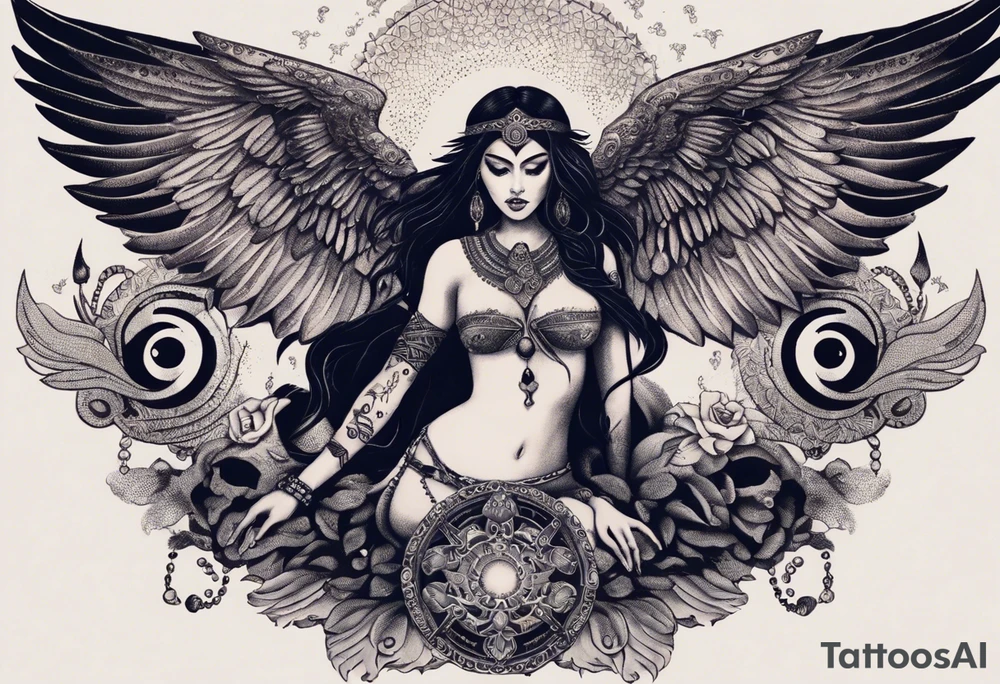 black kali, goddess pirate, alien, angel, pachamama, valkrye, warrior, flying, skull, lotus azul, wing, eagle, zenza resonance, stars, 5D, anahata chakra, death, durga, riding on a tiger, flying lady, chest tatoo tattoo idea