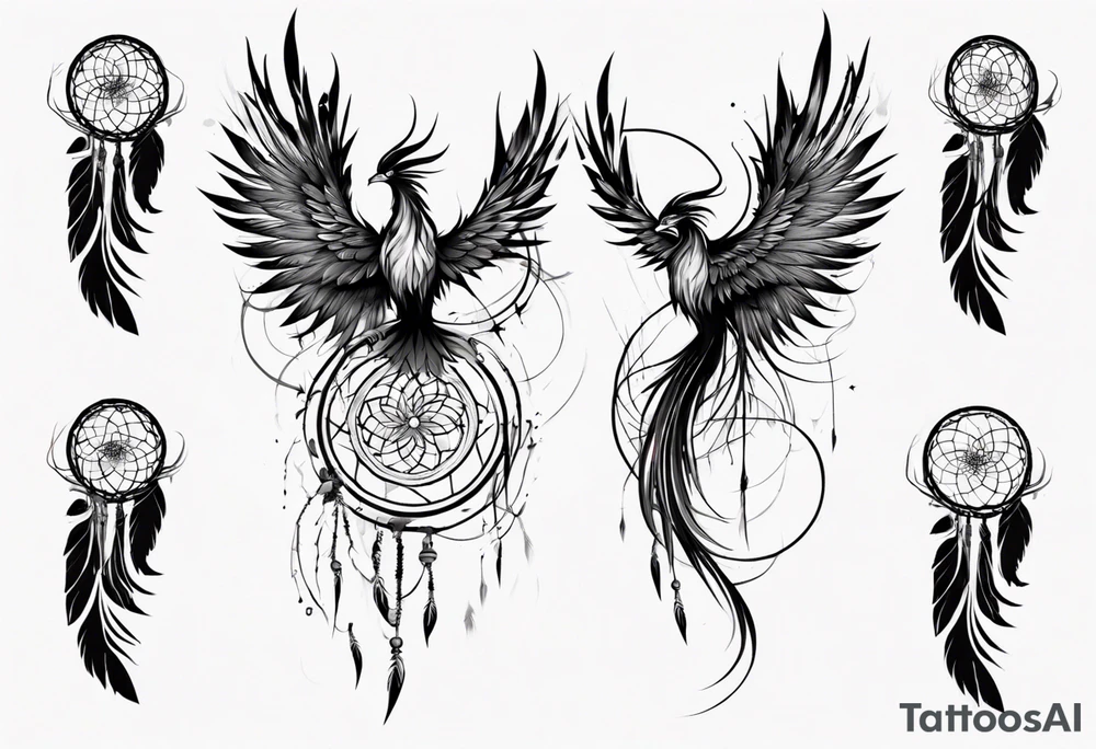 Vertical angry flying Phoenix with wings blending into circles and a long abstract dream catcher feather tail tattoo idea