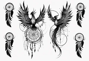 Vertical angry flying Phoenix with wings blending into circles and a long abstract dream catcher feather tail tattoo idea