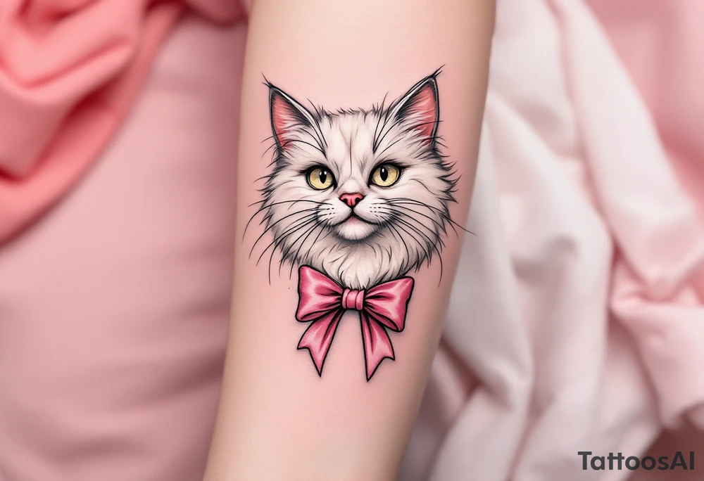 This cute white persian cat tattoo of Marie with two pink bows in soft whites and pinks is a must for any The Aristocats fan. tattoo idea