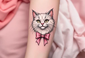 This cute white persian cat tattoo of Marie with two pink bows in soft whites and pinks is a must for any The Aristocats fan. tattoo idea