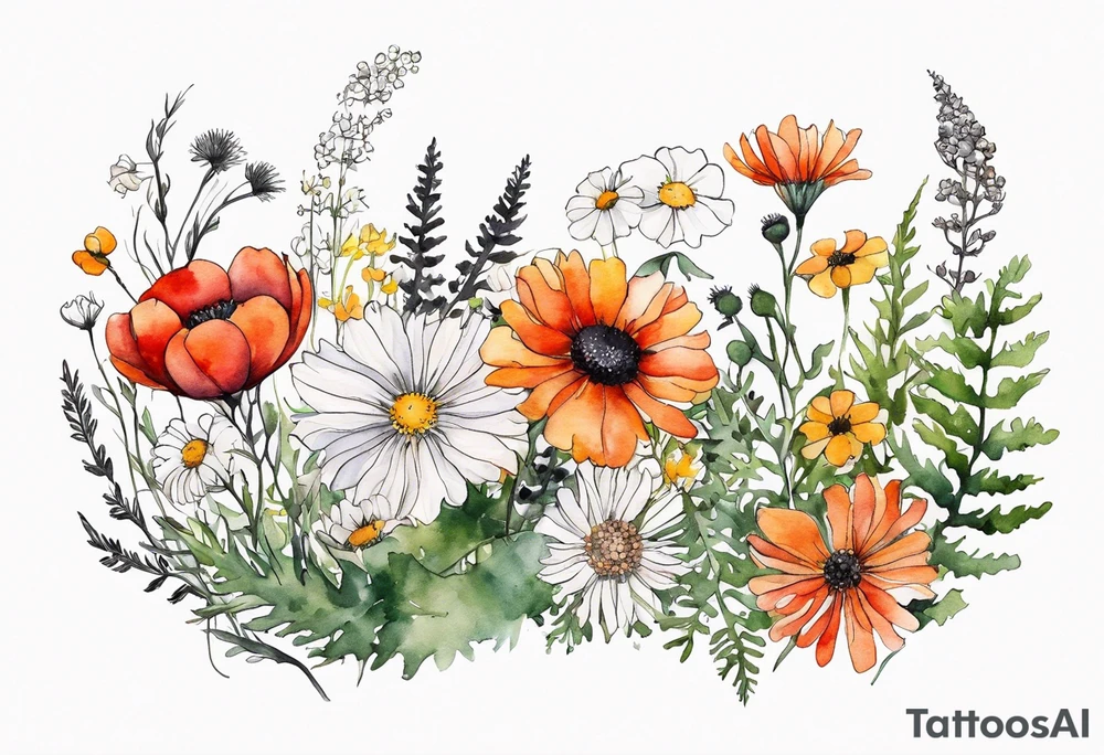 sideways oval of wildflowers cascading with thistles, ferns, white anemones, sun flowers, red flowers, black flowers, buttercups, orange flowers, babys breath and daisies all in watercolor tattoo idea