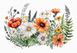 sideways oval of wildflowers cascading with thistles, ferns, white anemones, sun flowers, red flowers, black flowers, buttercups, orange flowers, babys breath and daisies all in watercolor tattoo idea