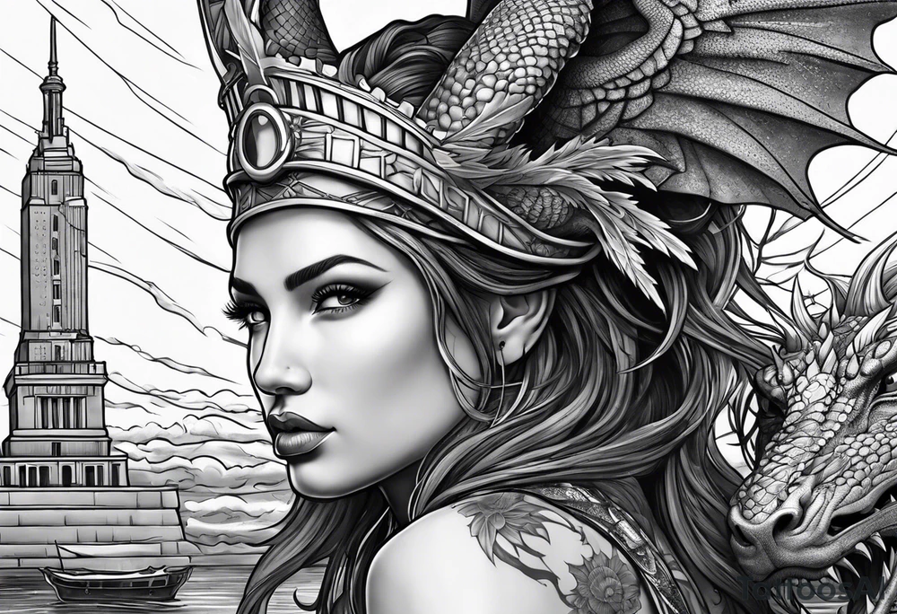 Hot girl as Statue of Liberty with dragon wrapped around her tattoo idea