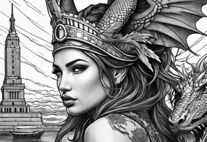 Hot girl as Statue of Liberty with dragon wrapped around her tattoo idea