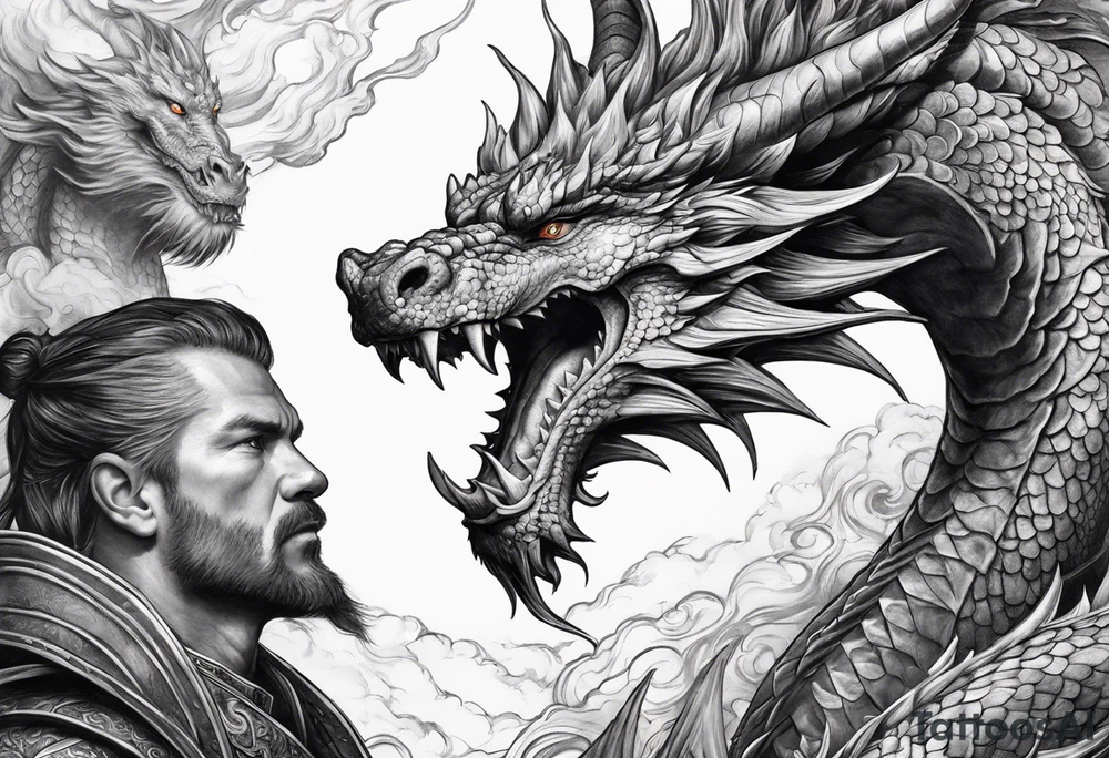 Dragon in battle with man portrait tattoo idea