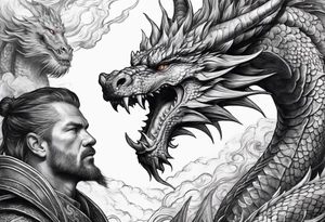Dragon in battle with man portrait tattoo idea