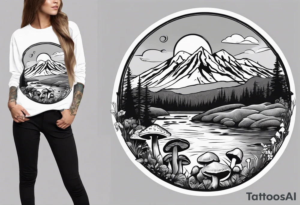 Whole picture encircled fully

Straight long blonde hair hippie girl in distance holding mushrooms in hand facing away toward mountains and creek surrounded by mushrooms long sleeve shirt and hiking pants; whole rendering within a full circle, no cut off circle tattoo idea