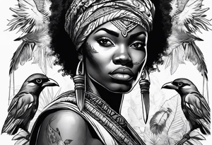 African woman warrior holding a spear with a mean look on her face with birds and leafys in the background and tattoo idea