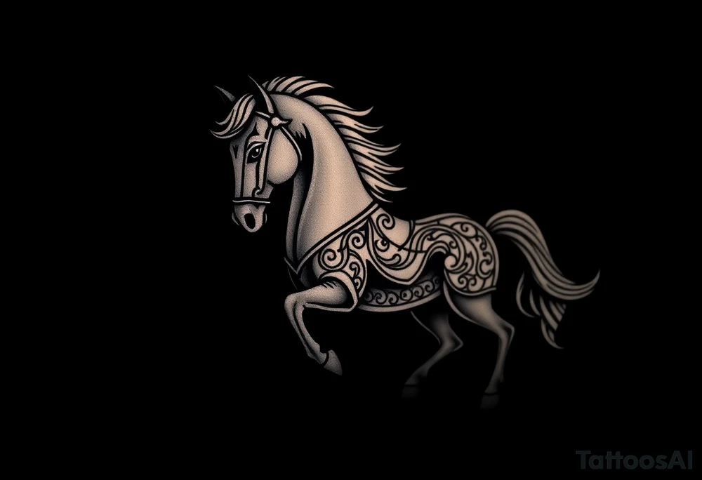 a knight of chess piece. The knight piece is depicted in motion, slightly tilted forward as if it's charging or coming out of the shadows. The knight’s face is detailed but with a focus on the horse's strong features: its mane flowing in the wind, and the body etched with intricate details to represent strength and agility. The knight is emerging from a shadow, with the front part of the body illuminated in soft, warm light. The shadowed portions near the back and tail create a mystical aura. tattoo idea