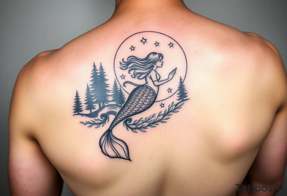 color tattoo on shoulder mermaid and forest around with starry sky tattoo idea