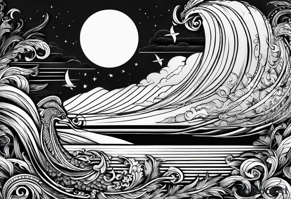 phoenix survolant un voilier. lune. phare marin tattoo idea