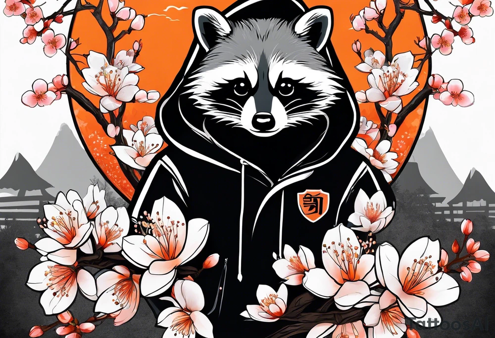Raccoon wearing a white Superman logo on a black hoodie and orange Japanese cherry blossoms beside tattoo idea