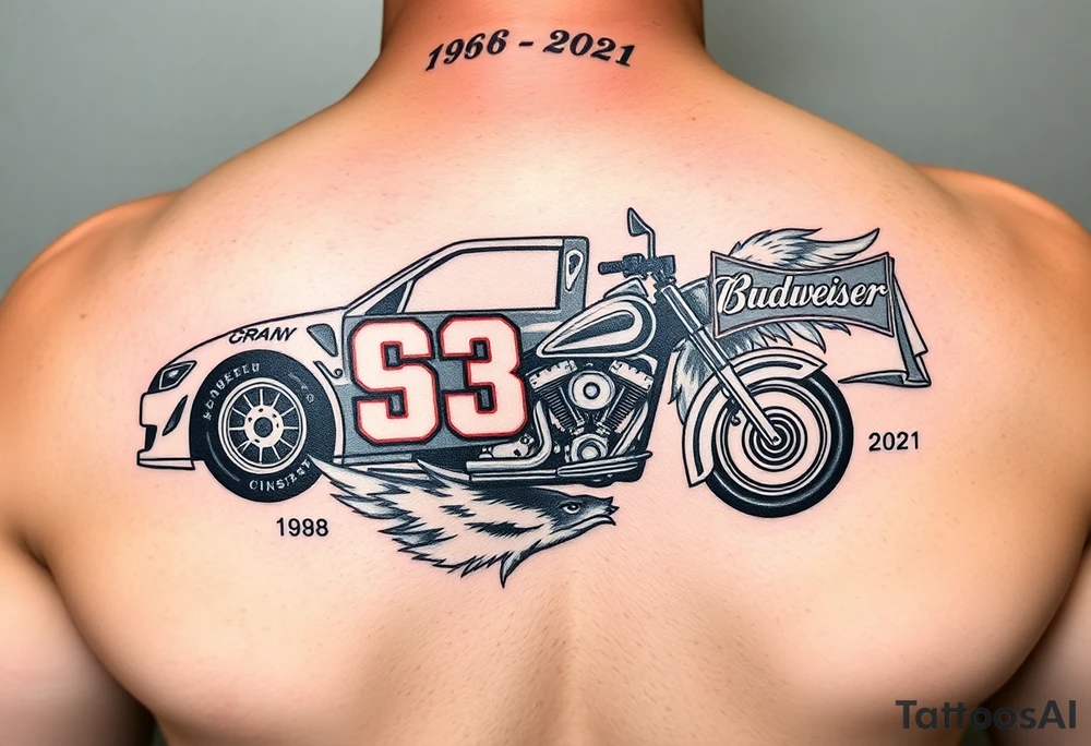 Dale Earnhardt car on it with the year 1958 - 2021 intertwined with a motorcycle with a Budweiser logo on it with a guardian angel wolf tattoo idea