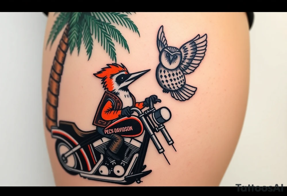 Woody the woodpecker wearing a leather vest that says peckerwoods, on a Harley Davidson under a palm tree, gazing in love at a barn owl tattoo idea