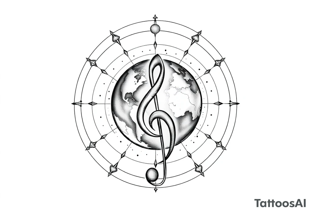 system of the universe with earth and a clef for my love to music, tattoo idea