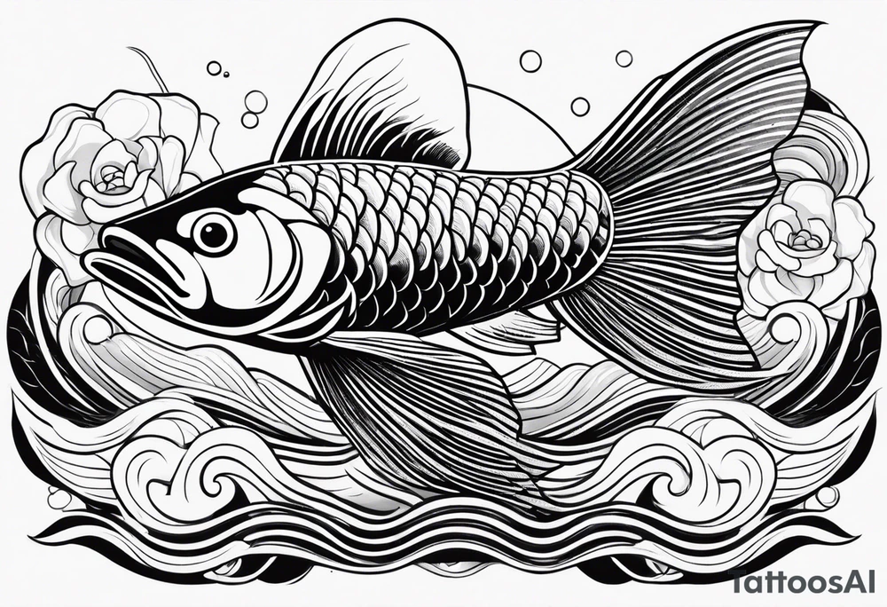 Arowana fish in waves with lotus tattoo idea