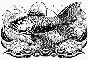 Arowana fish in waves with lotus tattoo idea