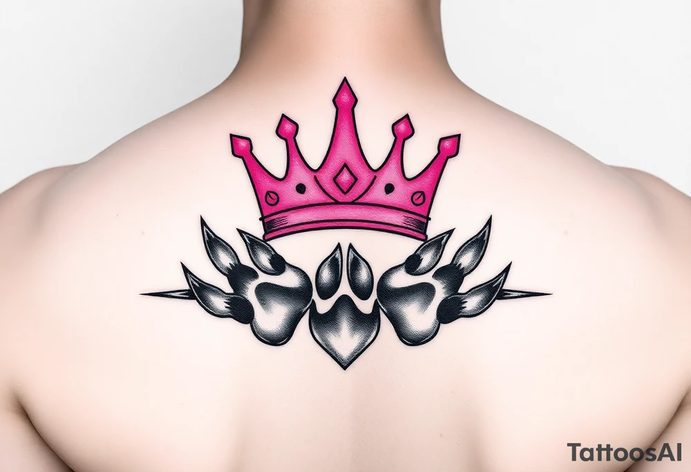 pink princess crown on top of paw prints tattoo idea