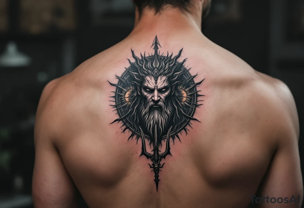 poseidon with trident and 3 suns tattoo idea