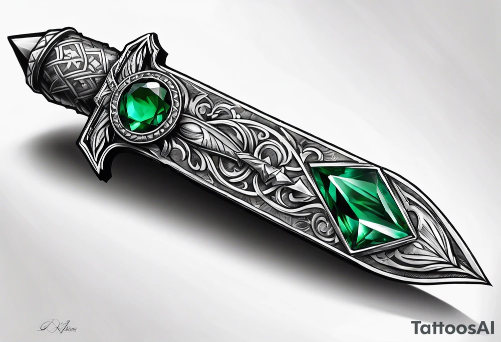 An athame dagger with the hilt turned upward and an emerald gemstone on the hilt not on the blade tattoo idea