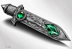 An athame dagger with the hilt turned upward and an emerald gemstone on the hilt not on the blade tattoo idea