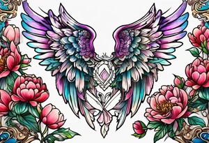 beautiful angel wings with colorful, peonies. beautiful flilligree in the background , full color, traditional old school tattoo idea