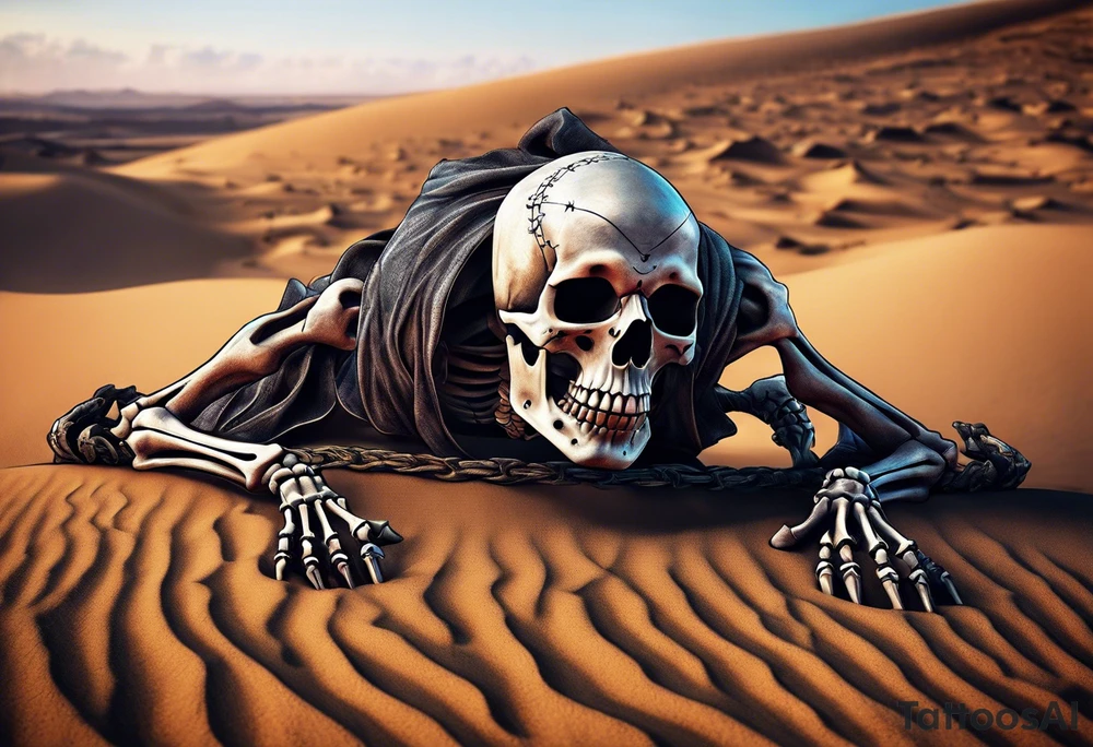 skeleton crawling towards a cross in a desert tattoo idea