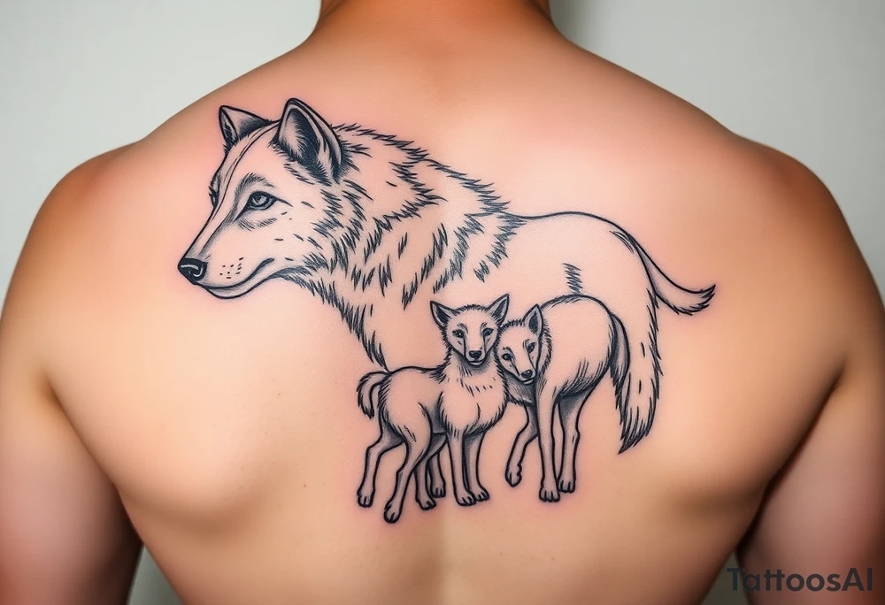 A solitary yet sublime and noble wolf and its progeny. tattoo idea