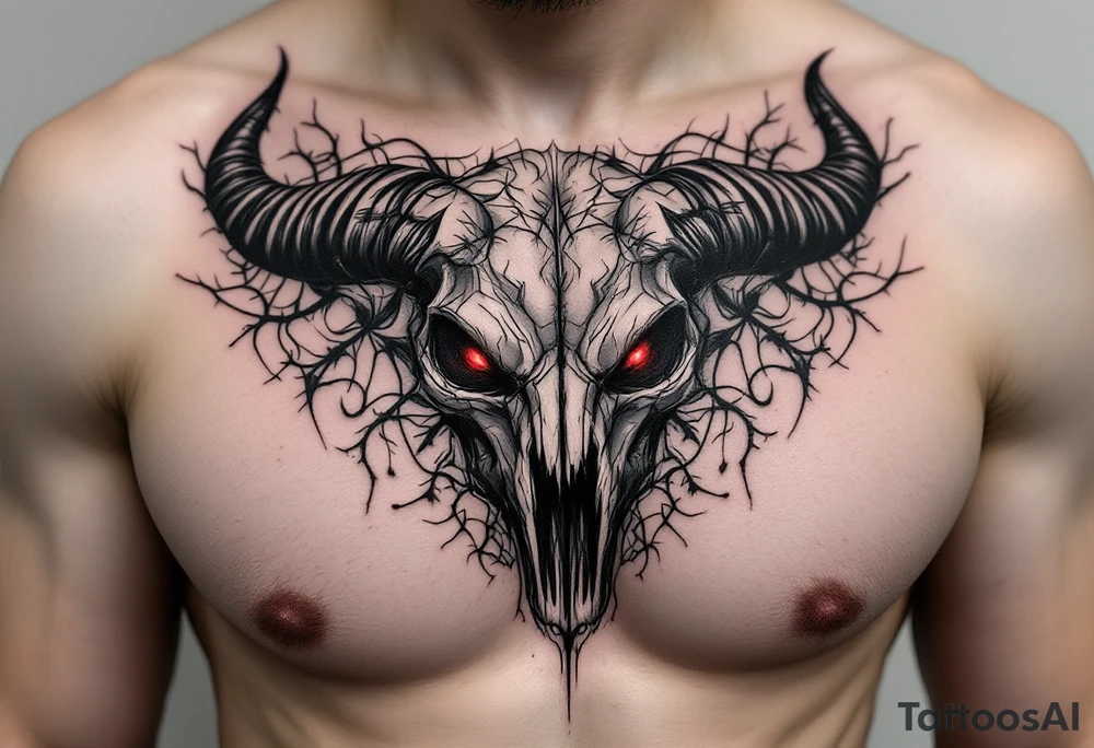 Abstract looking angry taurus skull chest tattoo with red eyes tattoo idea