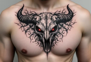 Abstract looking angry taurus skull chest tattoo with red eyes tattoo idea