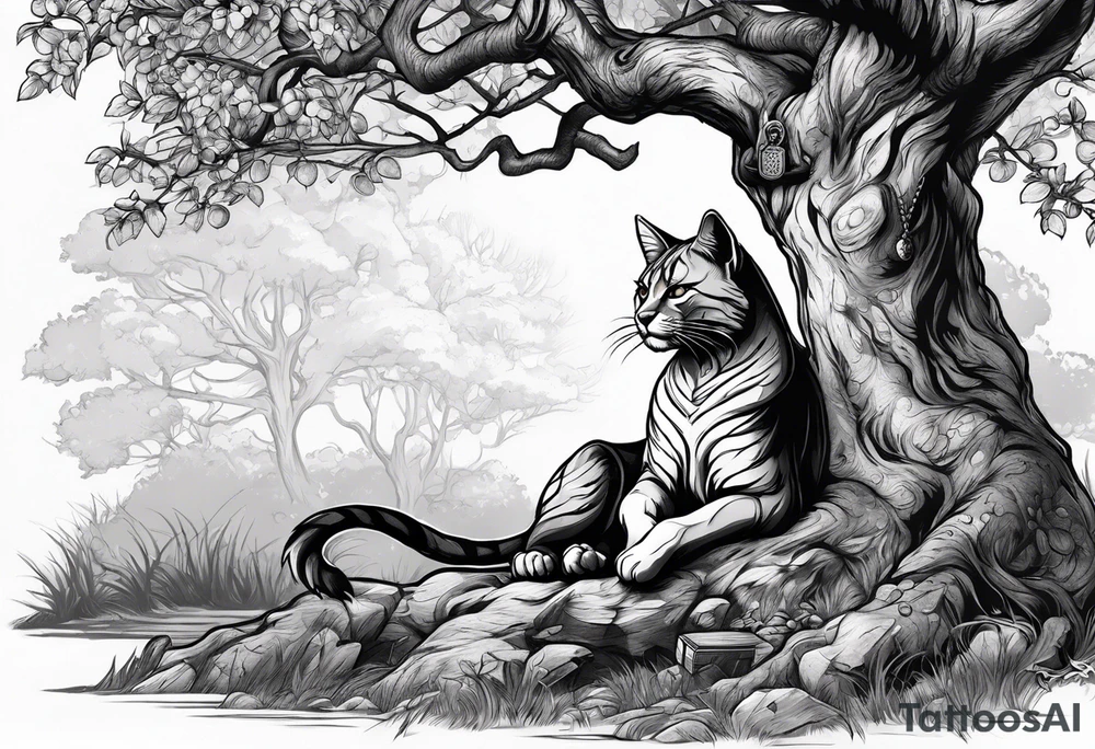 Khajiit sitting under an oak tree with a dagger and coin purse tattoo idea
