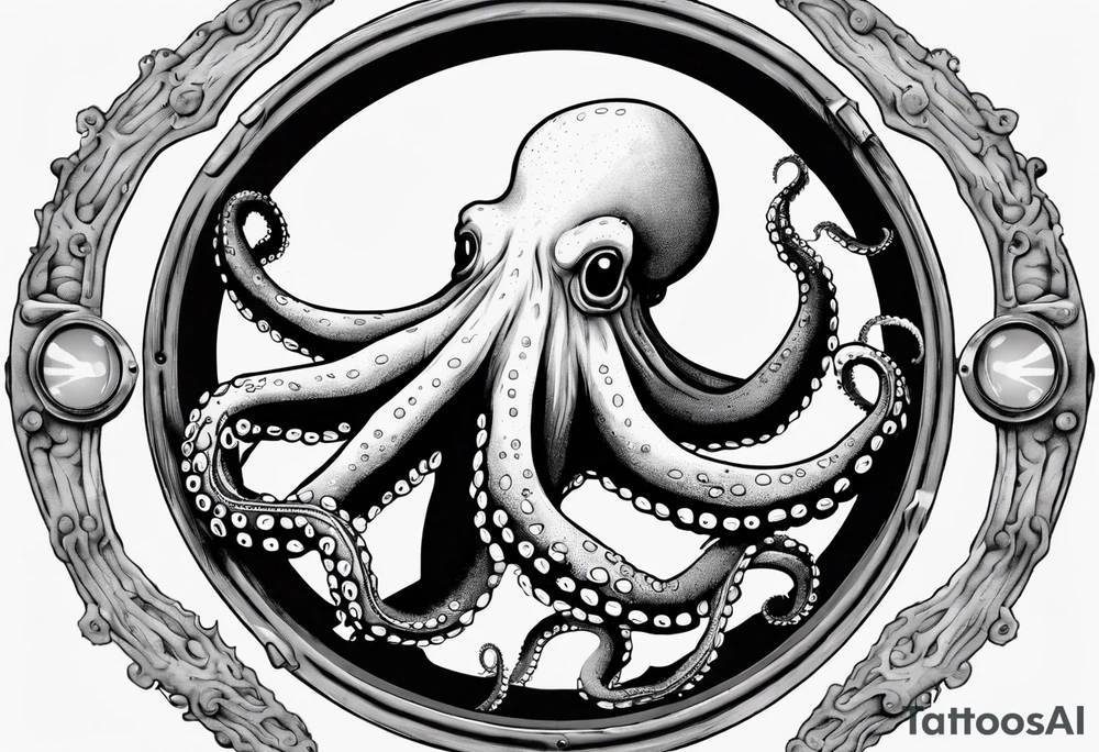 An octopus climbing out of a porthole. Fan shaped coral near the bottom of the porthole. Two arms of the octopus protrude from the porthole. tattoo idea