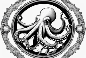 An octopus climbing out of a porthole. Fan shaped coral near the bottom of the porthole. Two arms of the octopus protrude from the porthole. tattoo idea