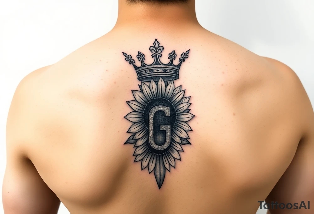 sexy letter g lettering with a crown and sunflower tattoo idea