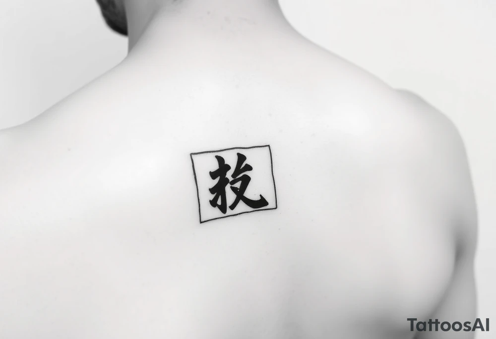 "Black rectangle tattoo (like phone screen) with single Kanji '悟' (enlightenment) inside. Matte effect, no shine. 5x3cm, inner arm placement." tattoo idea