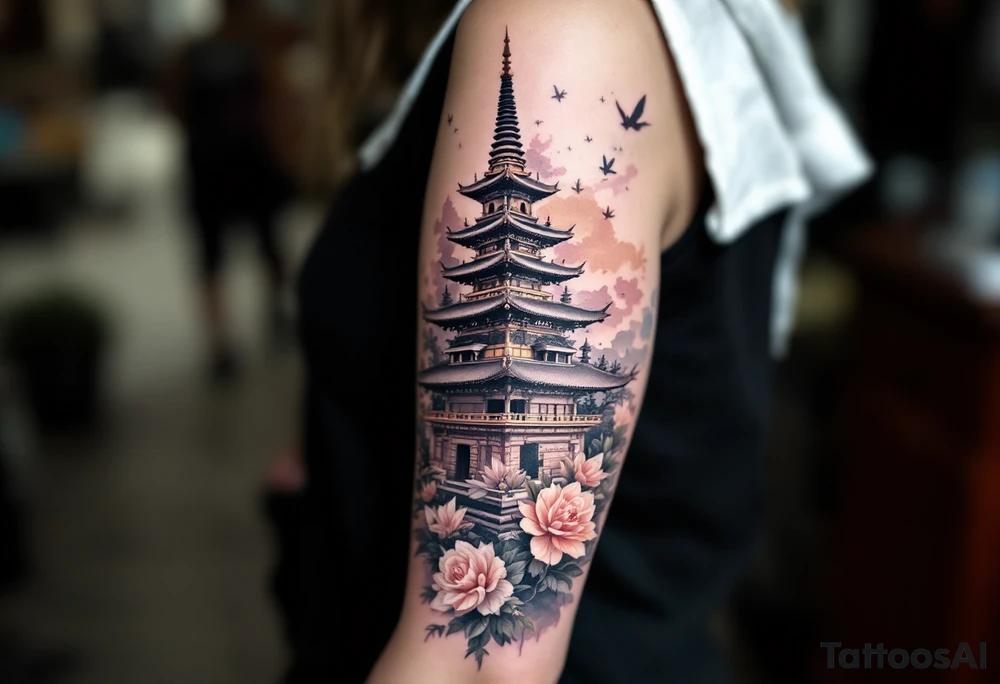 Stupas or Pagodas – Sacred Buddhist monuments with layered towers, typically done in detailed black ink or traditional brown stone tones. tattoo idea