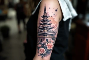 Stupas or Pagodas – Sacred Buddhist monuments with layered towers, typically done in detailed black ink or traditional brown stone tones. tattoo idea
