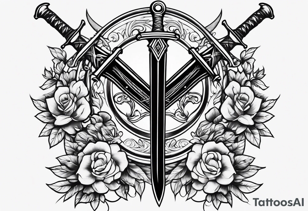 Two minimalist swords crossed on left hand tattoo idea