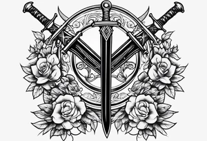 Two minimalist swords crossed on left hand tattoo idea