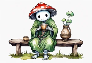 a kodama wearing a mushroom hat and a medieval tunic drinking from a wood cup, sitting on a bench laughing tattoo idea