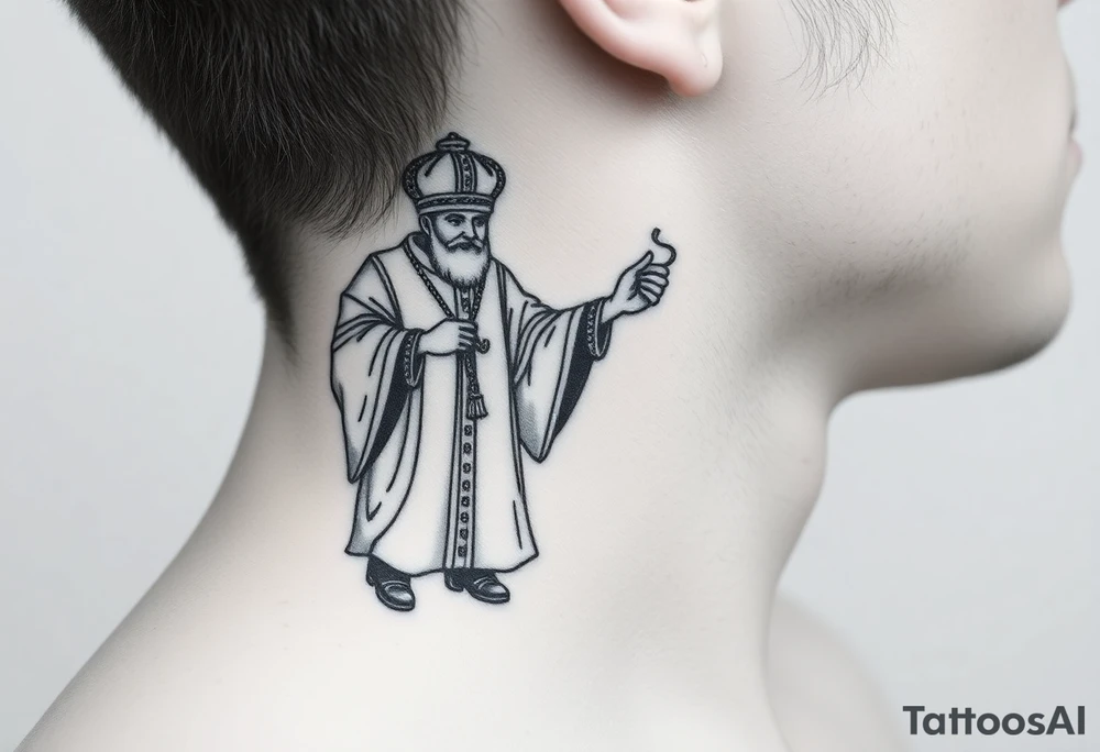 Russian orthodox priest in a detailed vestment swinging censer chains tattoo idea