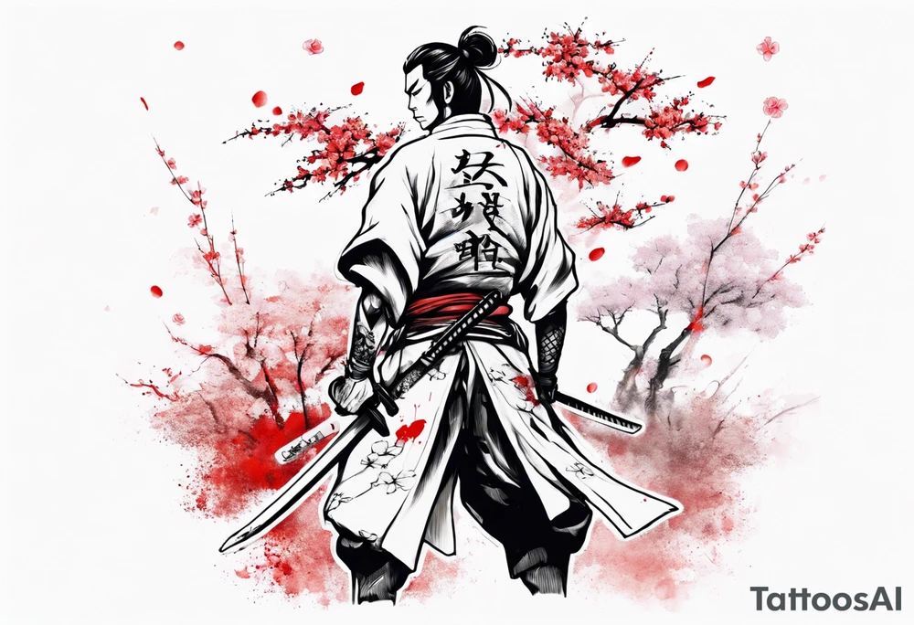 A samurai standing with his back among swords, he has a hole in his back and where the blood came from he saw sakura leaves tattoo idea