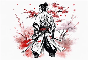 A samurai standing with his back among swords, he has a hole in his back and where the blood came from he saw sakura leaves tattoo idea