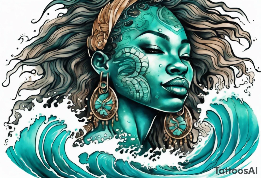 a beautiful turquoise african face emerging from an ocean wave, crashing onto the shore tattoo idea