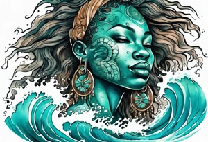 a beautiful turquoise african face emerging from an ocean wave, crashing onto the shore tattoo idea