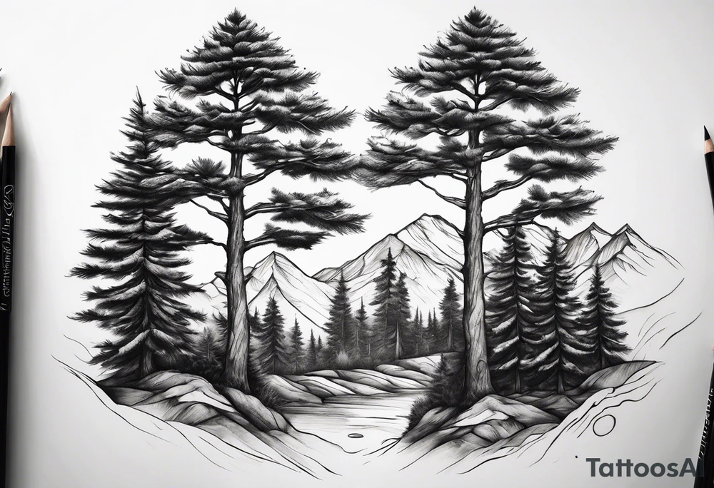 3 dainty pine trees connected at the bottom tattoo idea