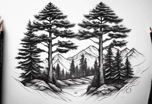 3 dainty pine trees connected at the bottom tattoo idea