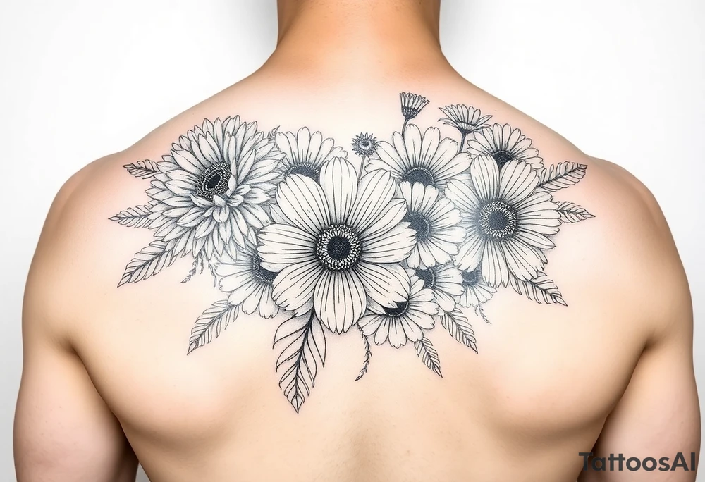 Flower bouquet with chrysanthemum, poppy, cosmo, daisy tattoo idea